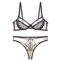 Conjunto de lencería francesa de encaje transparente con bordados florales negros - 70B / Negro Y Nude