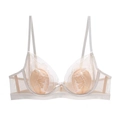 Close-up of white French lace bra with translucent mesh and delicate floral embroidery - 70A / White