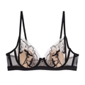 Detail of floral embroidery on sheer mesh cups of a French-style lace bra in black - 70A / Black