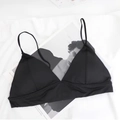 Minimalist black triangle cup wireless bra set with thin straps on fabric background - S / Black Single Piece