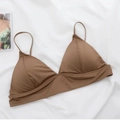 Brown wireless triangle bra set with thin straps and smooth fabric on white fabric background - Coffee Bra