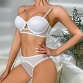 Sexy white mesh lingerie set with metal buckle push-up bra and high waist panty for women - 70A / Top And Bottom / 6 Pieces/Set / White