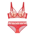 Red lace lingerie set with ink embroidery and transparent mesh bra and panty - 70B / Red