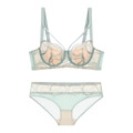 Mint green French style lace lingerie set with leaf embroidery and thin mesh cups - 70B / Green