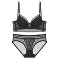 French lace lingerie set with black U-back bra and mesh panties on white background - Black Zirconia Set / 80B