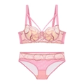 Pink French style lace lingerie set with floral embroidery and thin cotton cups - 70B / Pink