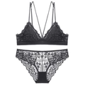 Sexy black lace triangle cup bra set with delicate thin straps and floral embroidery - M / Black