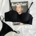 French style black ribbed lingerie set featuring a half-cup bra and matching panty - S / Black