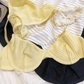 Pale yellow French lace sheer deep V bra set with underwire and mesh texture - S / Set / Yellow Set