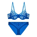 Lingerieset van kant in donkerblauw met geometrisch borduursel en transparantie - S / Boven- En Onderstuk / Slip Set / Blauw