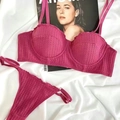 Magenta waffle-textured lingerie set with half-cup bra and matching G-string thong - S / Rose Red