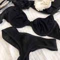 Elegant black lace lingerie set with sheer mesh bra and matching panties on white fabric - S / Set / Black Zirconia Set