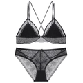Completo intimo in pizzo nero stile francese con coppe a triangolo e schiena incrociata - Nero