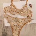 French style sheer mesh lingerie set with yellow heart prints and ruffle trim - Brown