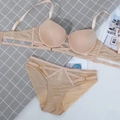 Conjunto de lencería beige con tiras decorativas, sujetador push-up y braga de malla - 75B / Color Piel
