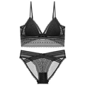 Conjunto de lencería de encaje negro estilo francés con sujetador de triángulo sin aros - S / Negro