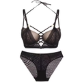 Chic black lace lingerie set with push-up halter bra and matching sheer mesh panties - 75B / Bra & Panty Set / Black