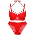 Red lace lingerie set with push-up bra and strappy design featuring mesh panties - 75B / Bra & Panty Set / Red
