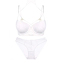 White lace lingerie set featuring halter neck bra and matching briefs with gold rings - 75B / Bra & Panty Set / White