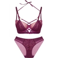 Deep burgundy lace lingerie set with push-up bra and strappy geometric lace details - 75B / Bra & Panty Set / Purple