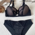 Sexy black satin and mesh lingerie set with golden chain details and lace-up design - 75B / Top And Bottom / Black