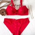 Sexy red two-piece lingerie set with sheer mesh and satin fabric details - 75B / Top And Bottom / Red