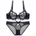 Elegante completo intimo in pizzo floreale nero a due pezzi con fiocchi e ferretto - 70A / Nero