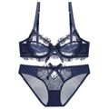 Completo intimo in pizzo blu navy con ricamo floreale e raffinati fiocchi di seta - 70A / Blu Reale