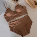 French style wireless caramel brown satin lingerie set with thin straps and high waist - S / Top And Bottom / Coffee