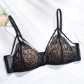 Elegante bralette de encaje negro con bordado floral y finos tirantes dobles ajustables - S / Negro