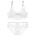 White lace lingerie set with pink straps and bra plus matching panties in thin mesh - 70A / White