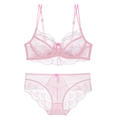 Pink lace lingerie set with ultra-thin floral mesh bra and matching bow panties - 70A / Pink