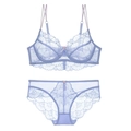 Dessous-Set aus fliederfarbener Spitze mit Doppelträgern und Rosen-Detail - 70C / Blau