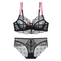 Lace bra set in black and hot pink with floral embroidery and contrast straps - 70A / Black