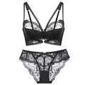 Completo intimo sexy in pizzo nero stile francese con spalline incrociate e dettagli - 70B / Nero