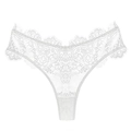 Gros plan détaillé sur la dentelle florale blanche de ce string sexy à taille basse - M / Blanc