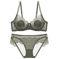 Elegant olive green lace lingerie set with floral wire bra and sheer mesh panty - 70A / Top And Bottom / Army Green
