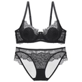 Lace lingerie set with black eyelash lace bra and matching panties in sexy style - 70A / Top And Bottom / Black