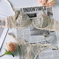 Dettaglio di un set di lingerie in pizzo francese beige con ricami floreali fini - S / Albicocca