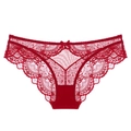 French sexy dark red lace panty with breathable mesh and bow detail for women - S / Burgundy