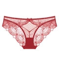 French style dark red lace panties with mesh design and a cute bow on front - S / Watermelon red