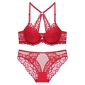Set lingerie sexy in pizzo rosso con reggiseno allacciato al collo e slip floreali coordinati - Rosso / 75C