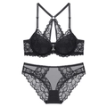 Elegant black lace lingerie set with front closure bra and criss-cross back straps - Black