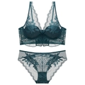 French style dark teal lace lingerie set with floral embroidery and mesh details - 70B / Top And Bottom / Dark Green