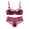 Elegante set di lingerie in pizzo rosso vino con reggiseno a ferretto e slip con fiocchi - 70A / Borgogna