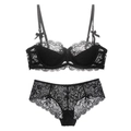 Set lingerie in pizzo nero elegante con reggiseno con ferretto e slip trasparenti con fiocchi - 70A / Nero