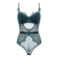 Deep blue lace bodysuit for women featuring adjustable straps and delicate bow accents - Dark Green