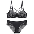 Elegant black lace lingerie set featuring a full cup underwired bra and matching panty - Black