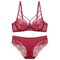 Sexy red lace lingerie set featuring underwire bra and matching panties with embroidery - Red