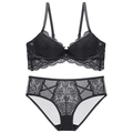 Elegantes schwarzes Spitzenunterwäsche-Set mit Push-up-BH und passendem Riemchen-Slip - Schwarz / 70B